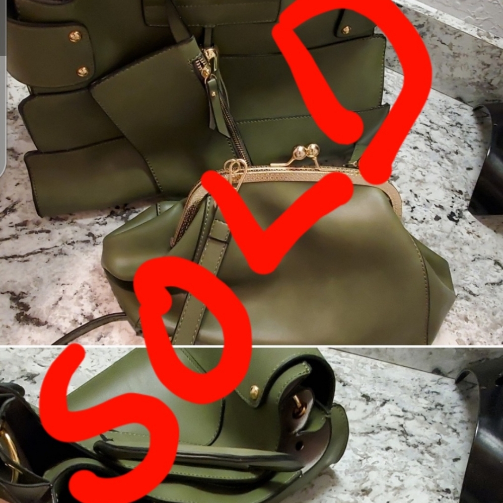 3 Pieces Olive Green Bag w/straps and studded bott